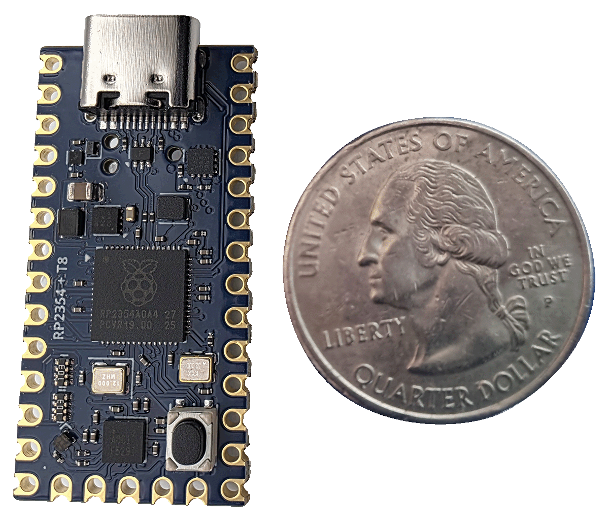 Forgix board beside a US quarter for scale